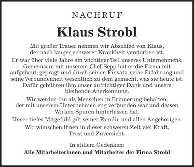 Traueranzeige Klaus Strobl