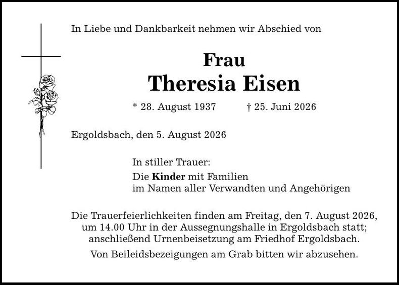 Traueranzeige Theresia Eisen
