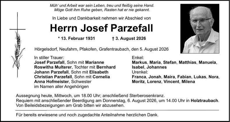 Traueranzeige Josef Parzefall