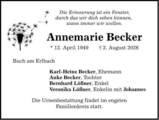 Traueranzeige Annemarie Becker