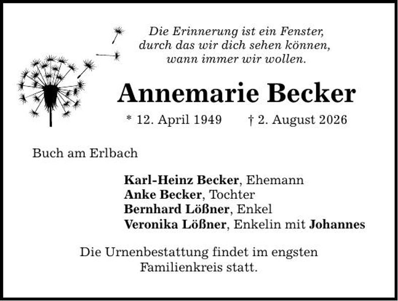 Traueranzeige Annemarie Becker