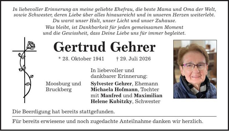 Traueranzeige Gertrud Gehrer