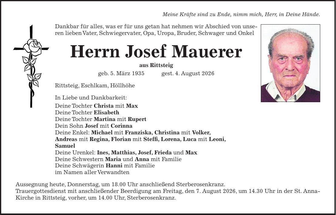 Traueranzeige Josef Mauerer