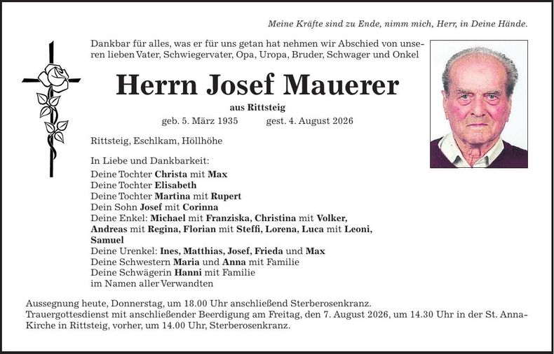 Traueranzeige Josef Mauerer