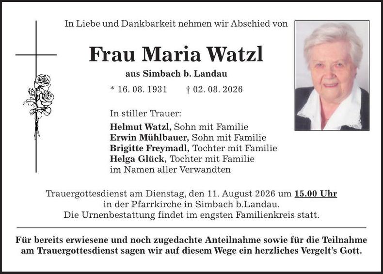 Traueranzeige Maria Watzl