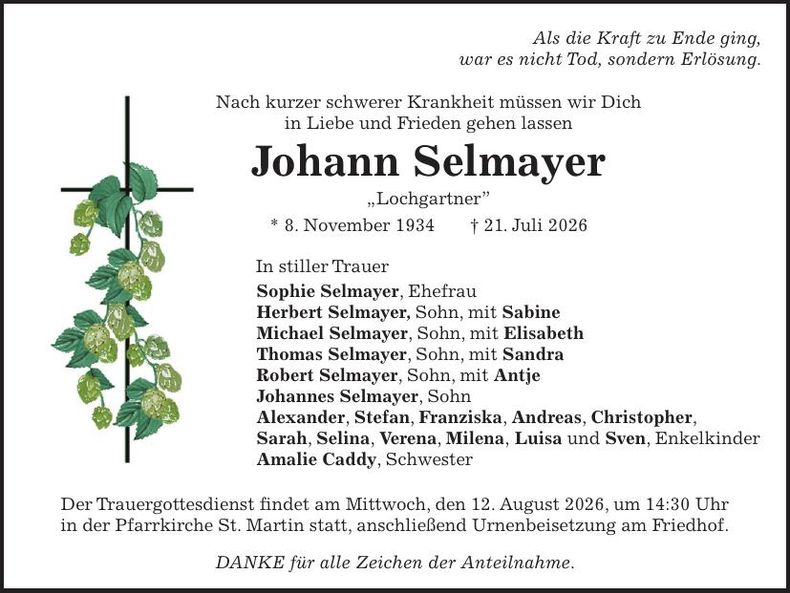 Traueranzeige Johann Selmayer