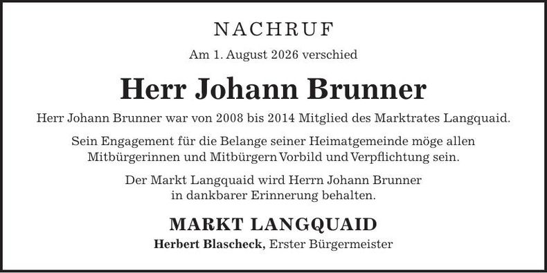 Traueranzeige Johann Bauer