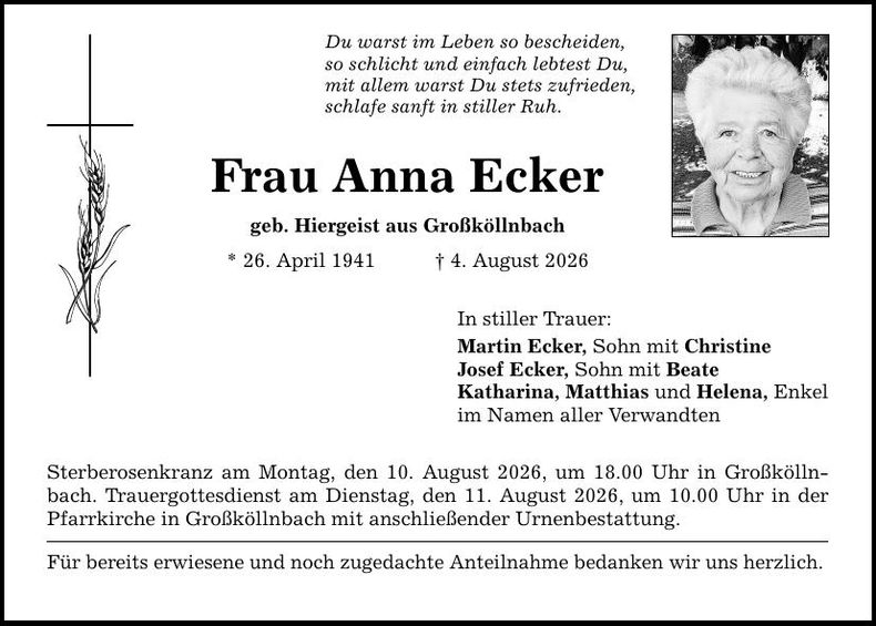 Traueranzeige Anna Ecker