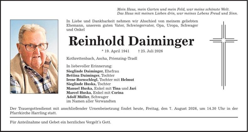Traueranzeige Daiminger Reinhold