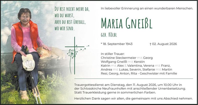 Traueranzeige Maria Gneißl