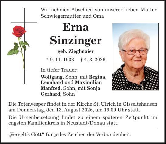 Traueranzeige Erna Sinzinger