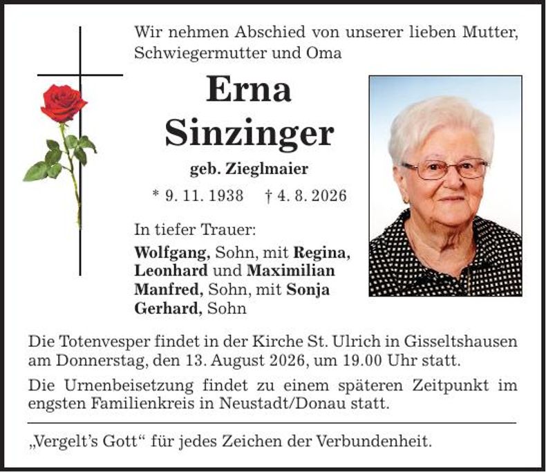 Traueranzeige Erna Sinzinger