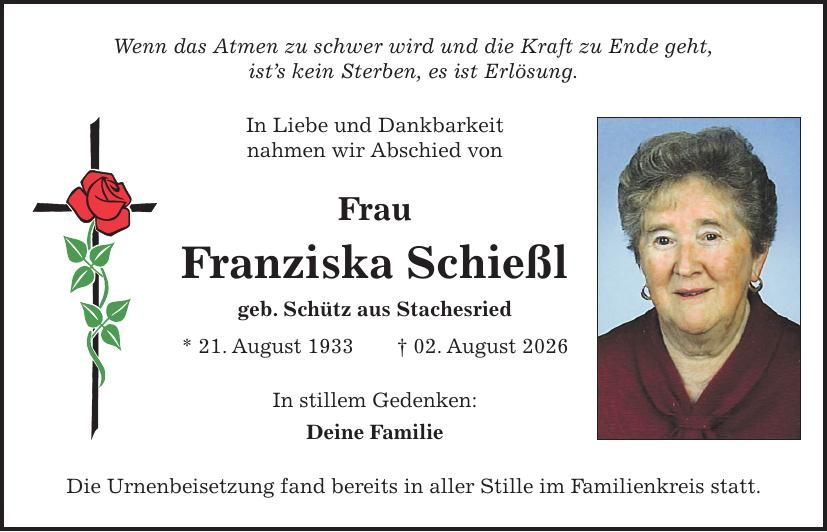 Traueranzeige Franziska Schießl