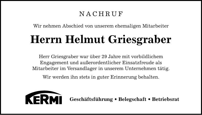 Traueranzeige Helmut Griesgraber