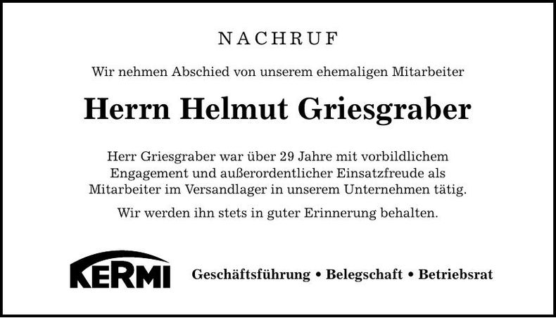 Traueranzeige Helmut Griesgraber