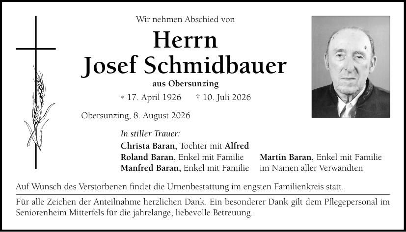 Traueranzeige Josef Schmidbauer