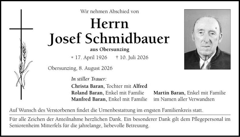 Traueranzeige Josef Schmidbauer