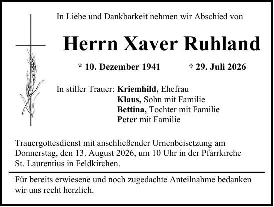 Traueranzeige Xaver Ruhland