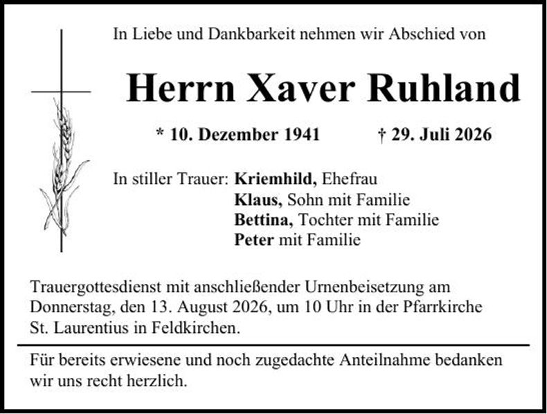 Traueranzeige Xaver Ruhland