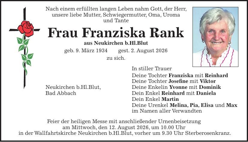 Traueranzeige Franziska Rank
