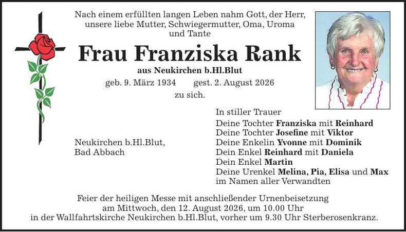 Traueranzeige Franziska Rank