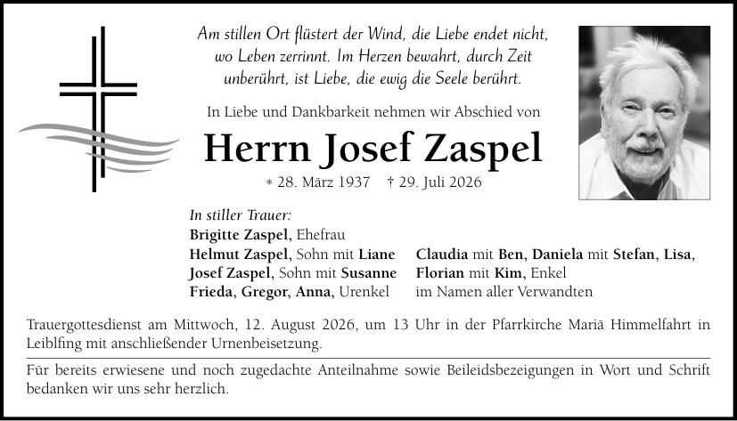 Traueranzeige Josef Zaspel