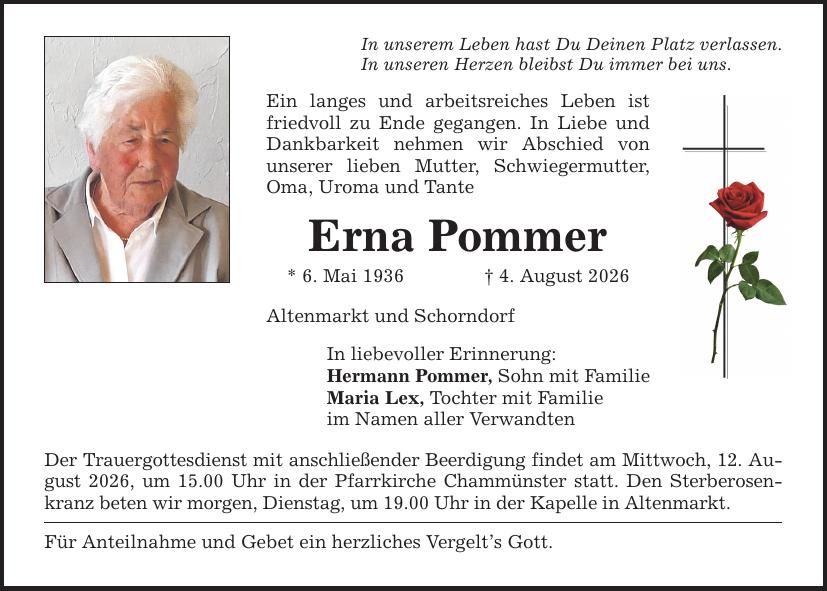Traueranzeige Erna Pommer