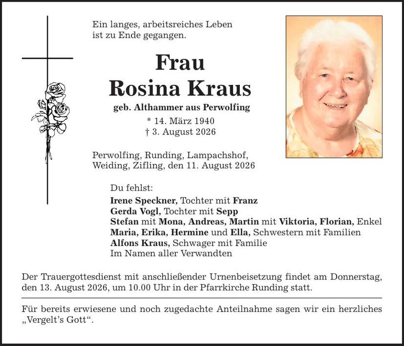 Traueranzeige Rosina Kraus 