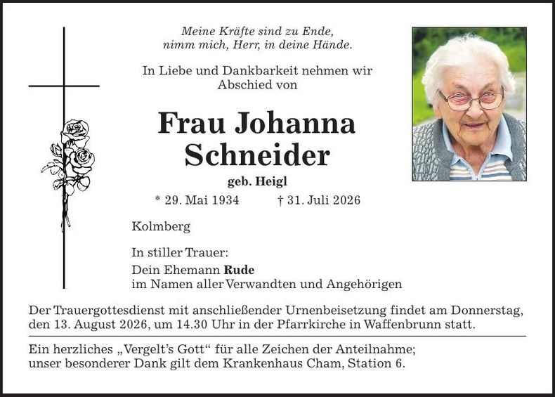 Traueranzeige Johanna Schneider