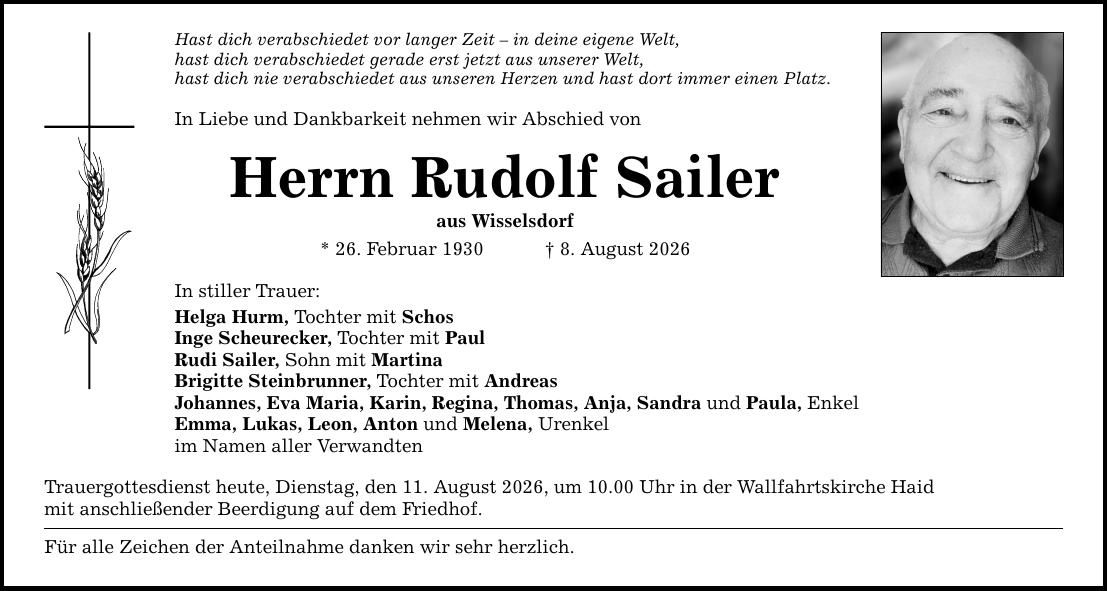 Traueranzeige Rudolf Sailer