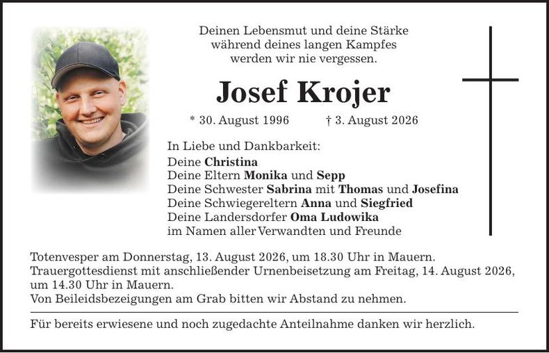 Traueranzeige Josef Krojer