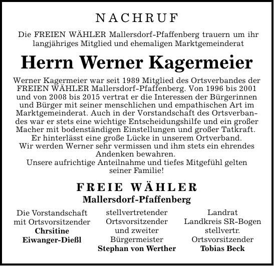 Traueranzeige Werner Kagermeier