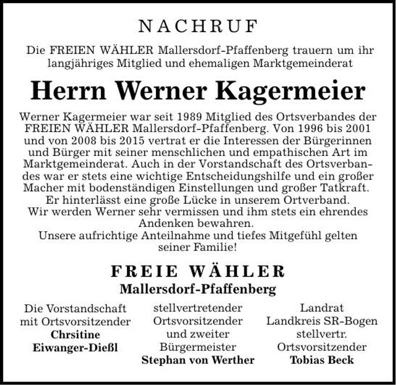 Traueranzeige Werner Kagermeier