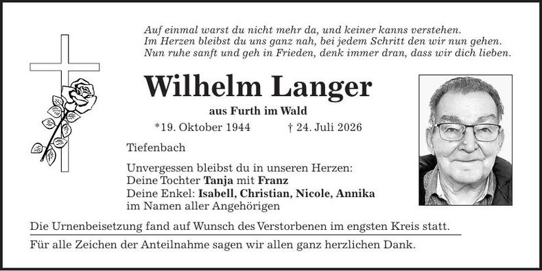 Traueranzeige Wilhelm Langer