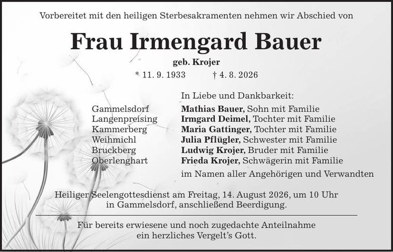 Traueranzeige Irmengard Bauer