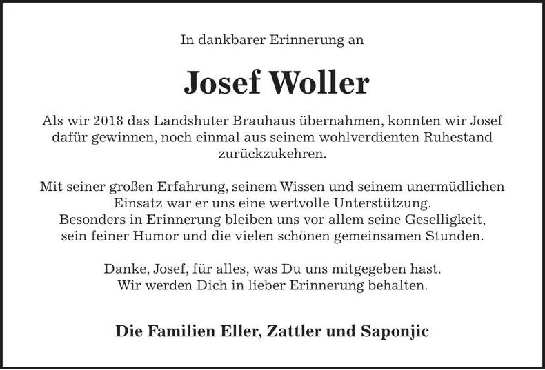 Traueranzeige Josef Woller
