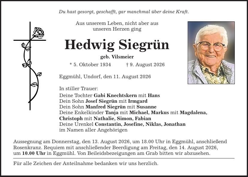 Traueranzeige Hedwig Siegrün