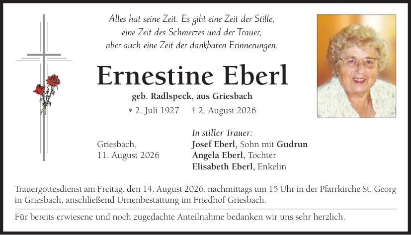 Traueranzeige Ernestine Eberl