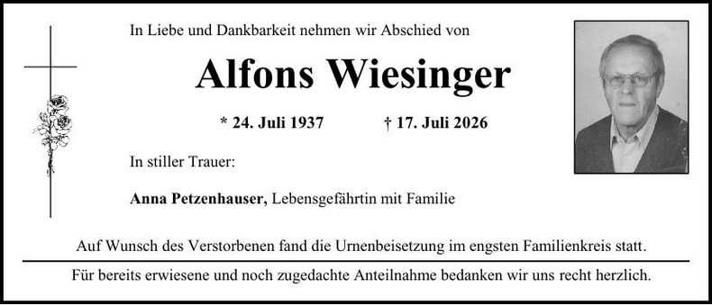 Traueranzeige Alfons Wiesinger