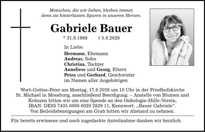 Traueranzeige Gabriele Bauer