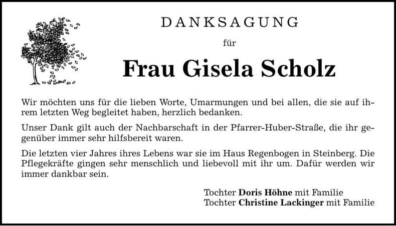 Traueranzeige Gisela Scholz