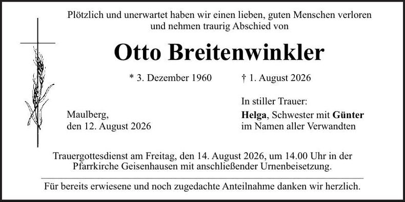 Traueranzeige Otto Breitenwinkler