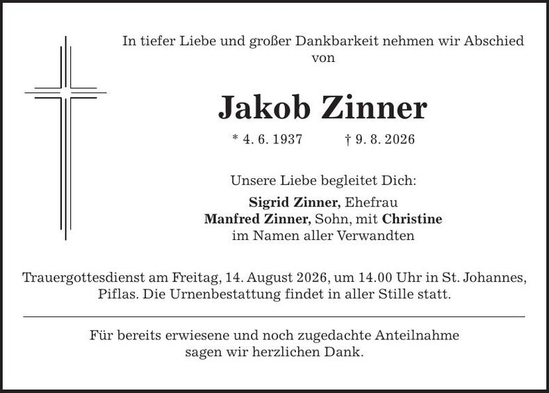 Traueranzeige Jakob Zinner