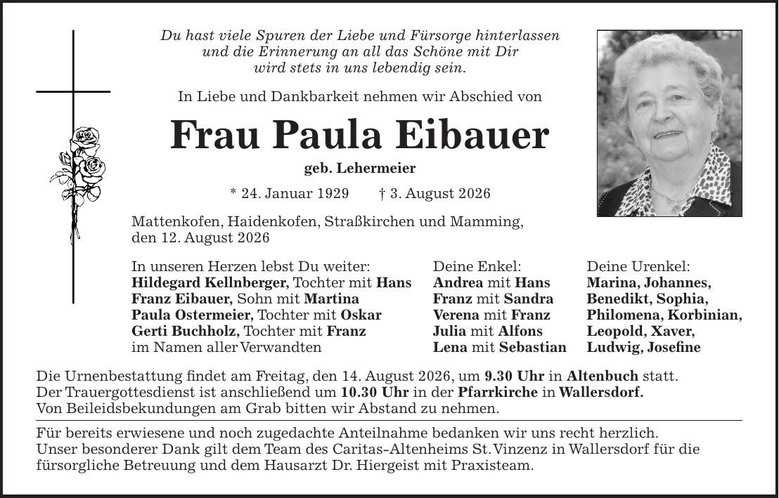Traueranzeige Paula Eibauer