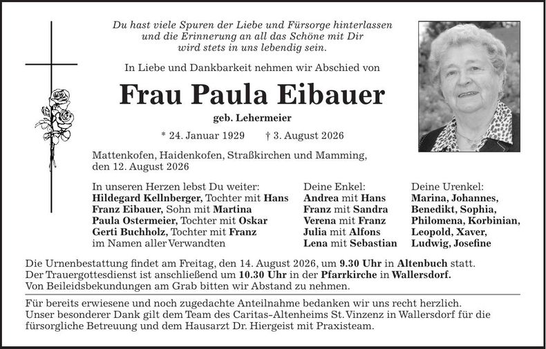 Traueranzeige Paula Eibauer