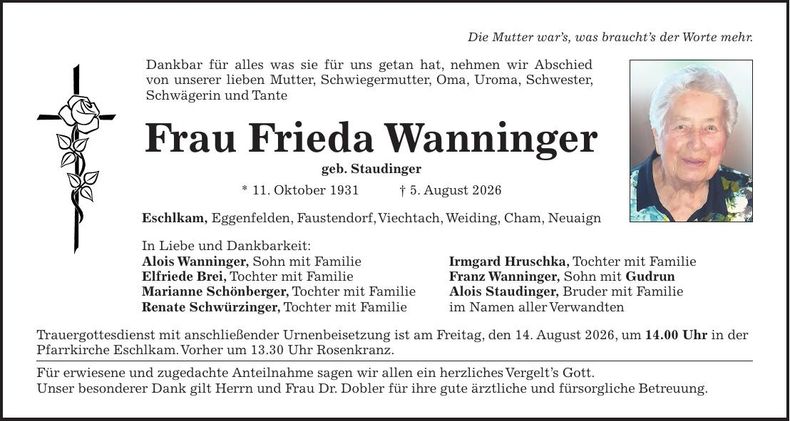 Traueranzeige Frieda Wanninger