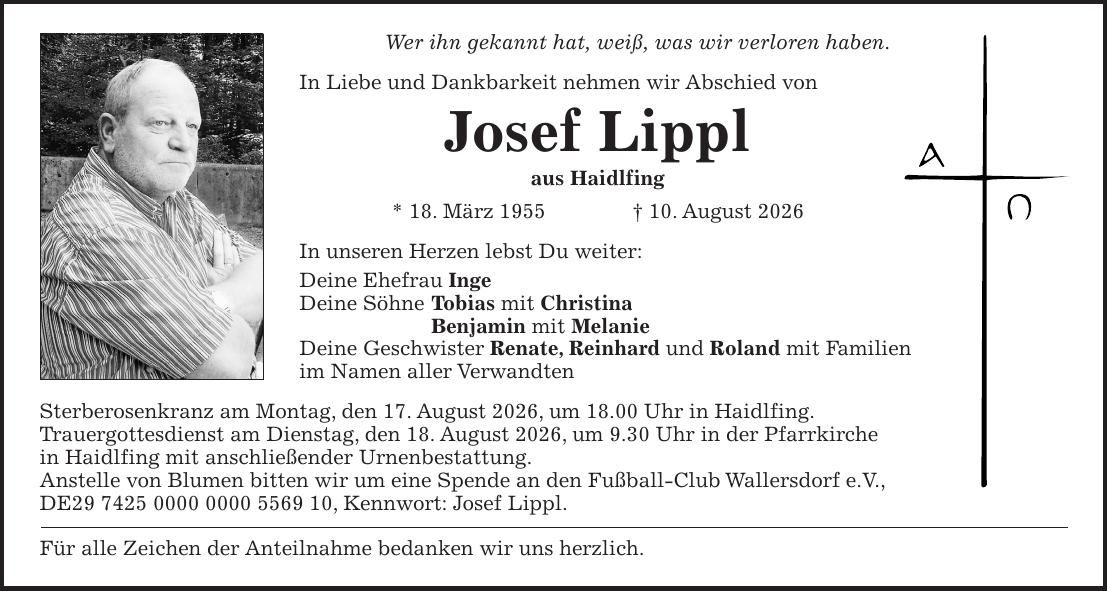 Traueranzeige Josef Lippl