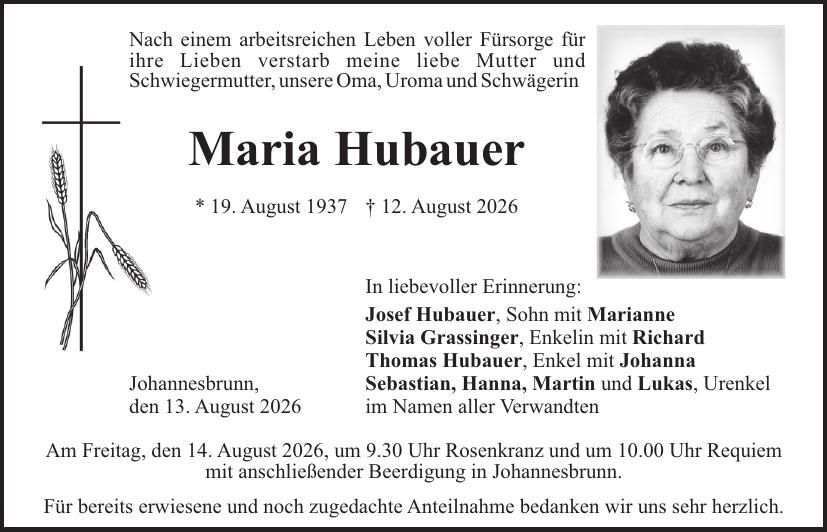 Traueranzeige Maria Hubauer
