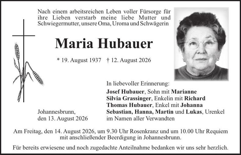 Traueranzeige Maria Hubauer