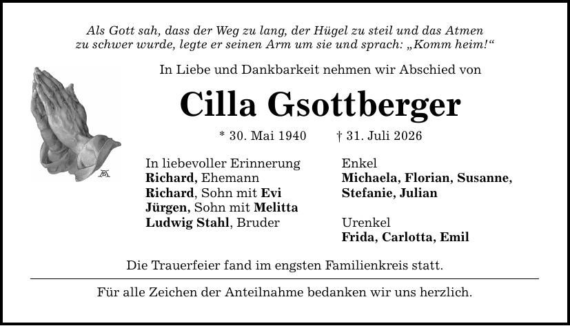 Traueranzeige Cilla Gsottberger